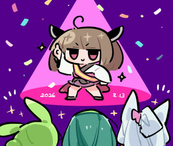 Rule 34 | 4girls, ahoge, animal ears, blunt bangs, blush stickers, brown hair, brown shoes, chibi, chibi only, closed mouth, confetti, dated, fox ears, full body, green hair, grey hair, hashtag-only commentary, headgear, japanese clothes, jitome, kimono, long sleeves, looking at viewer, multiple girls, pointing, pointing up, purple background, purple skirt, red eyes, rizometa28, shoes, short hair, skirt, smile, sparkle, standing, touhoku itako, touhoku kiritan, touhoku zunko, voiceroid, voicevox, white kimono, wide sleeves, zundamon
