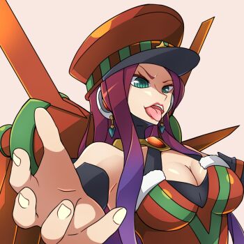 1girl 2023 android black_sleeves breasts christmas_ferham_(mega_man) cleavage commentary earrings evil_smile female_focus ferham_(mega_man) green_eyes hat jewelry large_breasts long_hair mechanical_wings mega_man_(series) mega_man_x:_command_mission mega_man_x_(series) mega_man_x_dive official_alternate_costume open_hand open_mouth parted_bangs peaked_cap pink_background red_hat ringed_eyes roy_payne simple_background smile solo straight_hair tongue tongue_out upper_body variant_set very_long_hair wings