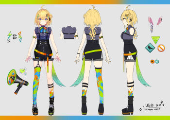 1girl :3 absurdres ahoge armlet arms_at_sides asymmetrical_legwear belt black_footwear black_garter_straps black_ribbon black_shorts black_socks blonde_hair bow bowtie braid breasts character_name reference_sheet chest_harness closed_mouth commentary_request covered_groin cross-laced_footwear crown_braid double-parted_bangs earclip earrings fang fang_out feather_earrings feathers fingernails floating_earrings frilled_shirt frills from_behind from_side full_body garter_straps green_eyes grey_background hair_between_eyes hair_bun hair_intakes hair_ornament hair_ribbon hairclip harness high-waist_shorts highres jewelry kozuya_nano letterboxed lightning_bolt lightning_bolt_hair_ornament lightning_bolt_symbol long_hair looking_at_viewer loose_socks medium_breasts megaphone multicolored_background multicolored_bow multicolored_bowtie multicolored_eyes multicolored_thighhighs multiple_views nail_polish no_entry_sign o-ring o-ring_legwear official_art orange_belt orange_nails platform_footwear profile purple_eyes purple_shirt ribbon ring road_sign saine second-party_source shin_strap shirt shirt_tucked_in shoes short_shorts shorts sidelocks sign simple_background single_garter_strap single_side_bun single_sock single_thighhigh sleeveless sleeveless_shirt smile socks sparkle sparkling_aura specialite_(company) standing stop_sign straight-on stud_earrings thick_eyelashes thighhighs triangle_hair_ornament uneven_legwear virtual_youtuber wristband