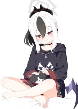 1girl animal animal_on_lap bare_legs barefoot black_choker black_hair black_hoodie black_horns blue_archive bright_pupils cat cat_on_lap chinese_commentary choker collarbone commentary_request demon_horns demon_wings didac_fantasy double-parted_bangs ear_piercing floating_hair full_body grey_halo hair_between_eyes halo head_tilt highres hood hoodie horns indian_style kayoko_(blue_archive) light_blush low_wings medium_hair mole mole_on_collarbone multicolored_hair on_lap piercing ponytail print_hoodie red_eyes sidelocks single_wing sitting solo tsurime tuxedo_cat two-tone_hair white_hair white_pupils wings zipper