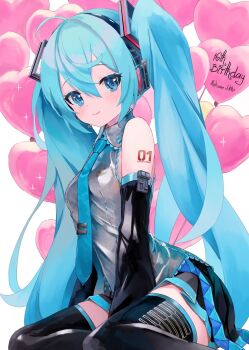 1girl ahoge arm_between_legs balloon bare_shoulders belt birthday black_skirt black_sleeves black_thighhighs blue_eyes blue_hair blue_necktie blush boots breasts character_name closed_mouth collared_shirt commentary_request detached_sleeves dot_nose feet_out_of_frame flower frilled_shirt frills grey_shirt hair_between_eyes hair_intakes hatsune_miku headset heart_balloon highres long_hair long_sleeves looking_at_viewer loose_belt microphone miniskirt necktie number_tattoo pink_flower pleated_skirt red_flower shirt sidelocks simple_background sitting skirt sleeveless sleeveless_shirt small_breasts smile solo takepon1123 tattoo thigh_boots thighhighs tie_clip twintails very_long_hair vocaloid white_background white_flower zettai_ryouiki