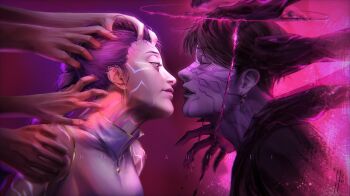 1boy 1girl artist_name bare_arms bare_shoulders black_hair black_hanbok black_nails black_skin body_markings braid braided_ponytail breasts brown_eyes closed_eyes closed_mouth collared_halterneck colored_skin couple demon_boy demon_girl disembodied_hand dutch_braided_ponytail ear_piercing earrings english_text extra_hands face-to-face fine_art_parody fingernails four-pointed_star from_side gat_(hat) glowing_markings grabbing_another&#039;s_hair grabbing_another&#039;s_shoulder halterneck hanbok hat hat_string high_collar highres holding_another&#039;s_hair houtarorui iridescent jewelry jinu_(kpop_demon_hunters) korean_clothes korean_traditional_hat kpop_demon_hunters long_hair long_sleeves looking_at_another medium_breasts nose pale_skin parody parted_bangs parted_lips piercing pink_lips pulling_arm purple_background purple_hair purple_lips purple_skin raised_eyebrows realistic romeo_and_juliet rumi_(kpop_demon_hunters) sharp_fingernails short_hair silver_piercing single_braid single_earring star_(symbol) star_earrings teeth upper_body upper_teeth_only very_long_hair zipper_pull_tab