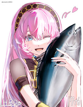 1girl animal blue_eyes commentary_request detached_sleeves fish hairband happy_birthday heart highres holding holding_animal holding_fish long_hair megurine_luka nail_polish nanashi_00014 one_eye_closed open_mouth pink_hair shirt short_sleeves single_detached_sleeve sleeveless sleeveless_shirt smile solo tuna twitter_username upper_body vocaloid