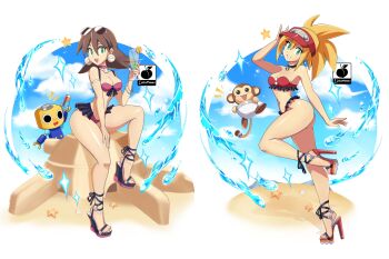 2girls 2others \m/ absurdres alternate_costume artist_logo artist_name ass blonde_hair blue_sky breasts brown_hair capcom cloud cloudy_sky earrings feet female_focus food fruit full_body glass green_eyes hat high_heels highres jewelry linkartoon logo lotion medium_breasts mega_man_(series) mega_man_legends_(series) monkey multiple_girls multiple_others nails notice_lines one_leg_raised orange_(fruit) orange_slice plate platform_footwear platform_heels ponytail roll_caskett_(mega_man) sand sand_castle sand_sculpture sandals servbot_(mega_man) sitting skirt sky smile spiked_hair starfish straw sunglasses sunglasses_on_head sunscreen swimsuit toenails toes tron_bonne_(mega_man) water wedge_heels