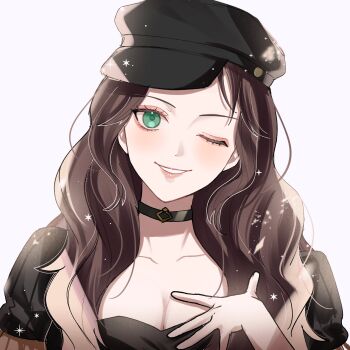 1girl breasts brown_hair choker cleavage collarbone dorothea_arnault fire_emblem fire_emblem:_three_houses garreg_mach_monastery_uniform green_eyes hat large_breasts long_hair looking_at_viewer nintendo one_eye_closed smile solo wink