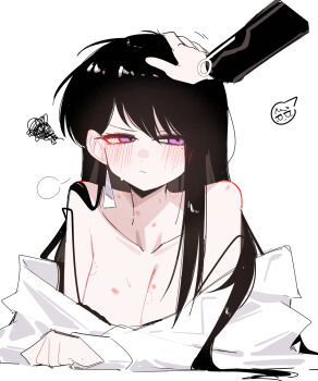 2girls bang_dream! bang_dream!_it&#039;s_mygo!!!!! bite_mark bite_mark_on_breast bite_mark_on_neck bite_mark_on_shoulder black_bra black_hair blush bra breasts cleavage closed_mouth commentary_request ear_blush earrings hand_on_another&#039;s_head headpat hickey highres jewelry large_breasts long_hair multiple_girls purple_eyes shiina_taki shirt simple_background squiggle strap_slip sweat underwear white_background white_shirt yahata_umiri yuri zikiki1092