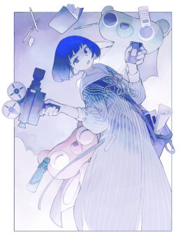 Rule 34 | 1girl, absurdres, akashi (yojouhan), bag, black hair, blue background, blue dress, blue theme, blunt bangs, bob cut, border, camera, cloud, colored skin, commentary, creature, dress, eraser, floating, floating object, full body, highres, holding, holding camera, holding cassette tape, leaning back, looking at viewer, mochiguman (yojouhan), mole, mole under eye, neck ribbon, notebook, open mouth, pencil, pink ribbon, ramune, ribbon, rolled-up paper, sailor collar, short hair, shoulder bag, solo, striped clothes, striped dress, untranslatable commentary, user hhyj8453, vertical-striped clothes, vertical-striped dress, white border, white sailor collar, white skin, yojouhan shinwa taikei