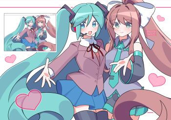 2girls :d aqua_eyes aqua_hair aqua_nails aqua_necktie bare_shoulders black_skirt black_sleeves black_thighhighs blazer blue_skirt closed_mouth collared_shirt commentary_request cosplay costume_switch cowboy_shot crossover detached_sleeves doki_doki_literature_club doki_doki_literature_club_school_uniform dot_nose double-parted_bangs frilled_shirt frills grey_jacket grey_shirt hair_between_eyes hair_ornament hatsune_miku hatsune_miku_(cosplay) headset high_ponytail highres jacket kotohatoko510 long_hair long_sidelocks long_sleeves looking_at_viewer miniskirt monika_(doki_doki_literature_club) monika_(doki_doki_literature_club)_(cosplay) multiple_girls multiple_views necktie number_tattoo open_mouth orange_sweater_vest pleated_skirt ponytail reaching reaching_towards_viewer school_uniform shirt sidelocks skirt sleeveless sleeveless_shirt smile sweater_vest tattoo thighhighs tie_clip twintails very_long_hair vocaloid white_shirt window_(computing) zettai_ryouiki