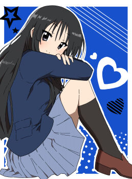Rule 34 | 1girl, absurdres, akiyama mio, black eyes, black hair, black socks, blazer, blue background, blue jacket, border, brown shoes, closed mouth, collared shirt, commentary request, from side, grey skirt, heart, highres, jacket, k-on!, kasuokasuto, kneehighs, loafers, long hair, looking at viewer, looking to the side, outside border, pleated skirt, sakuragaoka high school uniform, school uniform, shirt, shoes, sitting, skirt, smile, socks, solo, star (symbol), white border, white shirt, winter uniform