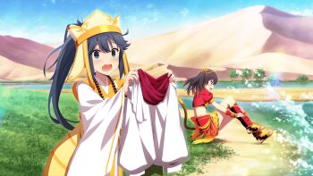 Rule 34 | 2girls, :d, adjusting clothes, adjusting legwear, asakura mihono, bead necklace, beads, blush, brown hair, cosplay, day, desert, dress, fake tail, furrowed brow, game cg, hair between eyes, headgear, holding cloth, jewelry, journey to the west, long hair, long sleeves, looking at viewer, monkey tail, mountain, multiple girls, necklace, non-web source, official art, open mouth, outdoors, red skirt, sidelocks, sitting, skirt, sky, smile, standing, sun wukong, sun wukong (cosplay), tail, tang sanzang, tang sanzang (cosplay), toji no miko, toji no miko: kizamishi issen no tomoshibi, water, white dress, wide sleeves, yamashiro yui