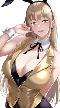 1girl alternate_breast_size_(larger) animal_ears bare_shoulders black_leotard black_ribbon blonde_hair breasts bunny_garden collar collared_vest detached_collar fake_animal_ears highres huge_breasts leotard long_hair looking_at_viewer nijisanji nontraditional_playboy_bunny open_mouth orange_nails parted_bangs playboy_bunny plunging_neckline rabbit_ears ribbon simple_background sister_claire smile solo strapless sugisita_0920 very_long_hair vest virtual_youtuber white_background white_collar wrist_cuffs yellow_eyes yellow_vest