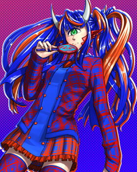 1girl blue_background blue_dress blue_hair blue_jacket blue_shirt blue_theme blue_thighhighs breasts buttons cacodemon candy closed_mouth commentary cowboy_shot cyclops demon_girl doom_(series) doom_i double-breasted dress english_commentary eye_of_providence fingernails fireblu_(doom) food gradient_background green_eyes highres holding holding_candy holding_food holding_lollipop jacket lollipop long_hair long_sleeves medium_breasts multicolored_hair neckerchief one-eyed personification plaid_clothes plaid_dress plaid_jacket pointy_ears red_background red_dress red_hair red_jacket red_neckerchief red_theme red_thighhighs scales shirt solo spikes substance20 thighhighs twintails two-tone_background two-tone_hair very_long_hair zettai_ryouiki
