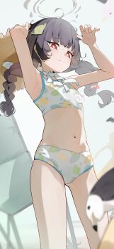 1girl absurdres bikini bird blue_archive braid commentary_request grey_halo halo hat hat_on_back highres leaf leaf_on_head leaf_print loli mi_kan_(1101515378) miyu_(blue_archive) miyu_(swimsuit)_(blue_archive) official_alternate_costume print_bikini seagull solo straw_hat swimsuit twin_braids white_bikini