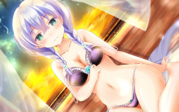 1girl aqua_eyes barefoot beach bed black_bra black_panties blush bra braid breasts cleavage cloud commentary_request curtains female_focus girlfriend_(kari) hair_ornament hairclip highres long_hair looking_at_viewer masa_(mirage77) medium_breasts murakami_fumio navel night night_sky ocean off_shoulder open_window panties purple_hair sitting sky solo star_(sky) starry_sky sunset twin_braids twintails underwear underwear_only window