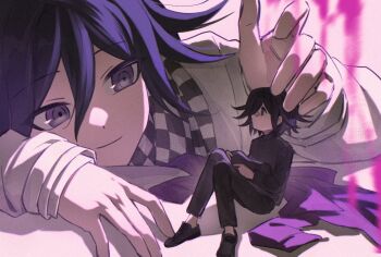 2boys bag bandaid bandaid_on_face bandaid_on_nose black_hair blood blood_stain buttons checkered_clothes checkered_scarf closed_mouth commentary danganronpa_(series) danganronpa_v3:_killing_harmony flipped_hair gakuran hair_between_eyes highres hugging_object jacket knees_up long_sleeves looking_at_another male_focus mini_person multiple_boys oma_kokichi pants pink_blood purple_eyes purple_hair purple_theme ringed_eyes scarf school_bag school_uniform short_hair sitting size_difference smile symbol-only_commentary tujiang6 two-tone_scarf