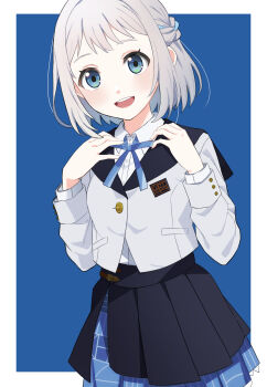 1girl absurdres black_overskirt blue_background blue_eyes blue_ribbon blue_skirt blush border braid commentary_request dokuganryuu dress_shirt gakuen_idolmaster grey_hair hair_ribbon half_up_braid hatsuboshi_gakuen_school_uniform highres idolmaster jacket katsuragi_lilja long_sleeves looking_ahead neck_ribbon outside_border pleated_skirt ribbon ribbon_braid school_uniform shirt short_hair simple_background skirt smile solo teeth upper_teeth_only white_border white_jacket white_shirt