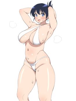 1girl arato_nagi arms_behind_head bikini blue_eyes blush breasts commentary_request curvy earrings highres imiin jewelry large_breasts looking_at_viewer navel open_mouth ruri_no_houseki simple_background solo standing stomach sweat swimsuit thick_thighs thighs white_background white_bikini