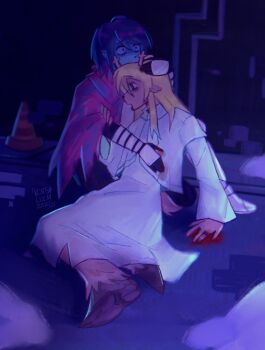 Rule 34 | 1girl, 1other, antlers, blood, blue hair, deer antlers, deer girl, deltarune, dress, empty eyes, highres, horns, hug, ivan the terrible and his son ivan, kris (dark world) (deltarune), kris (deltarune), noelle holiday, noelle holiday (dark world), parody, utdr (toby fox), ventalizm, weird route (deltarune), white dress, wide-eyed