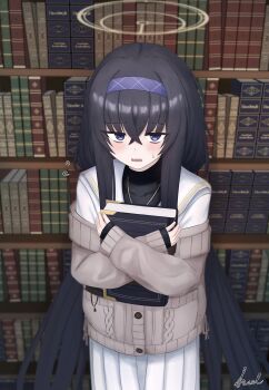 1girl against_bookshelf bags_under_eyes black_hair blue_archive blush book bookshelf cardigan commentary_request flying_sweatdrops from_above hair_between_eyes hairband halo highres holding holding_book hugging_book hugging_object jewelry long_hair long_sleeves looking_at_viewer low_twintails necklace open_mouth pov purple_eyes purple_hairband signature skirt solo sora_scale sweatdrop twintails ui_(blue_archive) white_skirt