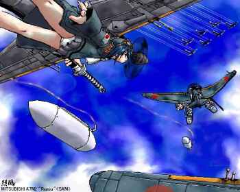 2girls a7m2 aircraft airplane b-29 b-29_superfortress black_hair character_name cloud contrail flying long_hair lowres mecha_musume military miniskirt mitsubishi_reppuu multiple_girls oekaki panties pantyshot pleated_skirt skirt sky sword underwear weapon white_panties world_war_ii yonezuka_ryou