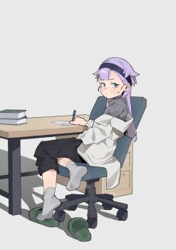 1girl absurdres chair eflo_(794753336) expressionless full_body highres kitsunezuka-sensei lab_coat long_hair looking_at_viewer orange_eyes purple_hair seitokai_ni_mo_ana_wa_aru! sitting slippers solo