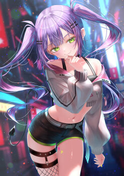 1girl absurdres bare_shoulders belt black_choker black_shirt black_shorts breasts choker closed_mouth commentary crop_top cropped_jacket demon_tail fang fishnet_thighhighs fishnets green_eyes hair_ornament hairclip hand_up highres hololive jacket long_hair long_sleeves looking_at_viewer midriff multicolored_hair nanaki24 navel neon_lights no_headwear off_shoulder purple_hair shirt short_shorts shorts sidelocks single_thighhigh sleeveless sleeveless_shirt small_breasts smile solo stomach streaked_hair tail thigh_strap thighhighs thighs tokoyami_towa tokoyami_towa_(1st_costume) twintails undershirt virtual_youtuber white_jacket