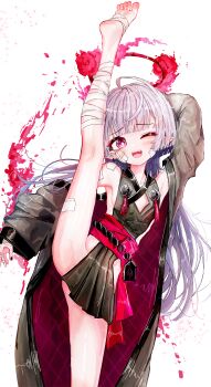 1girl ;d a1u absurdres bandaged_leg bandages bell black_kimono blue_archive breasts commentary gauze gauze_on_cheek grey_hair halo highres japanese_clothes jingle_bell kimono leg_up long_hair one_eye_closed open_mouth pink_eyes pointy_ears red_halo revision shuro_(blue_archive) sideless_outfit simple_background small_breasts smile solo split standing standing_on_one_leg standing_split teeth upper_teeth_only white_background