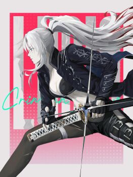 1girl alpha_(pgr) black_gloves blue_coat blue_eyes breasts closed_mouth coat commentary cosplay cybernetic_sam devil_may_cry_(series) devil_may_cry_5 english_commentary fingerless_gloves gloves grey_hair hair_between_eyes highres holding holding_sword holding_weapon katana long_hair punishing:_gray_raven sheath sidelocks sword vergil_(devil_may_cry) vergil_(devil_may_cry)_(cosplay) very_long_hair weapon white_hair yamato_(sword)