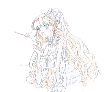 1girl bare_shoulders blonde_hair blue_eyes bow braid breasts cleavage collar food frilled_collar frills hair_bow hands_up highres huge_breasts long_hair long_sleeves mahou_shoujo_no_majo_saiban open_mouth saeki_miria simple_background solo spoon tsujiya_okuyasu white_background