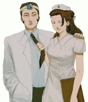 1boy 1girl brown_hair cowboy_shot doctor genderswap genderswap_(mtf) hair_bun hand_on_another&#039;s_shoulder hat head_mirror highres holding_necktie jujutsu_kaisen koha_dasuima lab_coat long_hair nurse nurse_cap short_hair sideburns simple_background stitched_forehead takaba_fumihiko white_background