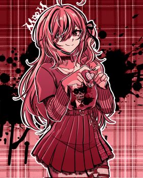 Rule 34 | 1girl, ahoge, belt, blood, blood splatter, brown hair, choker, commentary, commission, english commentary, four-finger heart hands, hair over one eye, hair ribbon, heart, heart hands, highres, hololive, hololive english, jewelry, lace, lace-trimmed skirt, lace trim, layered sleeves, long hair, long sleeves, looking at viewer, multicolored hair, nail polish, nanashi mumei, nanashi mumei (emo), necklace, nyapurrlitan, one side up, outline, plaid background, pleated skirt, red theme, ribbon, second-party source, shirt, shirt tucked in, short over long sleeves, short sleeves, skirt, smile, solo, streaked hair, t-shirt, thigh strap, very long hair, white outline