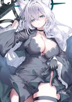 1girl animal_ear_fluff animal_ears aqua_eyes assault_rifle black_dress black_gloves blue_archive breasts cleavage clothes_lift commentary_request dress fal_maro gloves green_halo grey_hair gun halo high-low_dress highres large_breasts long_hair rifle shiroko_terror_(blue_archive) sig_sauer sig_sauer_556 simple_background skirt skirt_lift solo weapon white_background wolf_ears wolf_girl