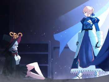 2girls ahoge amtkmituki are_you_my_master armor armored_boots armored_dress armored_gloves artoria_pendragon_(fate) bare_legs black_hat black_jacket black_skirt blonde_hair blue_archive blue_dress boots bow bowtie braid braided_bun breasts commentary_request crossover curtains dress earrings eri_(blue_archive) facing_another fate/stay_night fate_(series) green_eyes hair_bun halo hat highres indoors jacket jewelry light_particles medium_breasts multiple_girls nervous_smile pleated_skirt profile red_bow red_bowtie red_eyes saber_(fate) scene_reference school_uniform shirt shirt_tucked_in sidelighting sidelocks single_braid single_hair_bun sitting skirt smile sweatdrop triangle_earrings undershirt white_shirt witch_hat