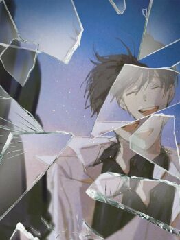 2boys black_coat black_hair black_shirt broken_glass closed_eyes coat collared_shirt facing_viewer glass gradient_sky grin highres kim_dokja light_particles male_focus multiple_boys omniscient_reader&#039;s_viewpoint open_clothes open_coat out_of_frame refraction shirt short_hair sky smile teeth toupou39 upper_body upper_teeth_only white_coat yoo_joonghyuk