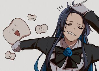 1girl ado_(utaite) black_bow black_bowtie black_hair blue_hair bow bowtie chando_(ado) closed_eyes colored_inner_hair commentary_request gloves ha-chan_(ado) hand_in_own_hair highres jujutsu_kaisen keeko_(kk_0012) long_hair meme multicolored_hair naoya_hitting_choso_without_looking_(meme) open_mouth shirt simple_background upper_body white_background white_gloves white_shirt