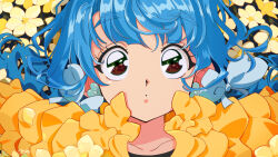 Rule 34 | 1girl, :o, blue bow, blue hair, bow, close-up, commentary, earrings, english commentary, flower, flower earrings, green eyes, hair bow, jewelry, long hair, looking at viewer, original, portrait, retro artstyle, signature, solo, straight-on, yellow flower, yo-co