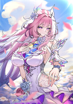 1girl absurdres armlet bare_shoulders breasts closed_mouth commentary covered_navel cyrene_(demiurge)_(honkai:_star_rail) cyrene_(honkai:_star_rail) diamond-shaped_pupils diamond_(shape) dress fingernails flower hair_flower hair_ornament highres honkai:_star_rail honkai_(series) jewelry kugu_natie large_breasts long_hair looking_at_viewer nail_polish pink_hair pink_nails pink_petals purple_eyes purple_flower purple_rose ring rose smile solo symbol-shaped_pupils white_dress