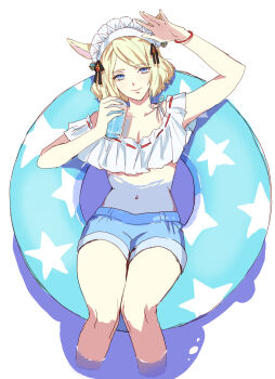 Rule 34 | 1girl, absurdres, animal ears, bikini, bikini top only, blonde hair, blue eyes, blue shorts, breasts, cleavage, collarbone, commentary, commission, cup, final fantasy, final fantasy xiv, frilled hairband, frills, hair ribbon, hairband, highres, holding, holding cup, miqo'te, on (isk1812), on innertube, ribbon, ribbon-trimmed bikini, ribbon trim, short shorts, shorts, sitting, slit pupils, small breasts, solo, swimsuit, warrior of light (ff14), wristband