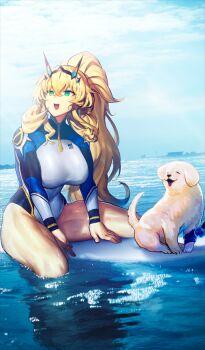 Rule 34 | 1girl, :d, arm support, barghest (fate), barghest (over the same sky) (fate), blonde hair, bodysuit, breasts, cloud, cloudy sky, commentary request, diving suit, dog, fate/grand order, fate (series), game cg, genpachi (fate), green eyes, groin, high collar, horns, long hair, long sleeves, melon22, ocean, official alternate costume, official art, open mouth, outdoors, partially submerged, photo background, ponytail, sidelocks, sitting, sky, smile, solo, surfboard, teeth, thick thighs, thighs, third-party source, upper teeth only, very long hair, wetsuit, zipper pull tab