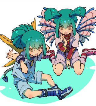 1boy 1girl ancient_fairy_dragon blue_boots blue_jacket blue_shirt blue_shorts boots brother_and_sister dragon_wings duel_monster full_body green_hair hair_horns high_ponytail highres jacket lua_(yu-gi-oh!) luca_(yu-gi-oh!) mechanical_wings pink_boots pink_jacket pink_shorts ponytail power_tool_dragon red_shirt shirt shorts siblings simple_background twins white_background wings youko-shima yu-gi-oh! yu-gi-oh!_5d&#039;s