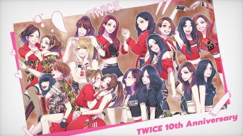 Rule 34 | 6+girls, age progression, anniversary, aoi toramatsu, artist name, black gloves, black hair, blonde hair, blue eyes, blush, brown eyes, brown hair, camouflage, camouflage dress, camouflage jacket, chaeyoung (twice), chicago bulls, closed eyes, collared shirt, commentary request, copyright name, dahyun (twice), double bun, dual persona, earrings, fingerless gloves, gloves, green eyes, hair bun, heart arms, heart arms duo, highres, hug, jacket, jeongyeon (twice), jewelry, jihyo (twice), kiss, kissing cheek, like ooh-ahh (twice), logo, long sleeves, midriff, mina (twice), momo (twice), multiple girls, nayeon (twice), necklace, one eye closed, one side up, ponytail, real life, red eyes, red jacket, red shirt, red skirt, sana (twice), shirt, short hair, skirt, sleeveless, sleeveless shirt, smile, twice (group), twintails, tzuyu (twice), white shirt