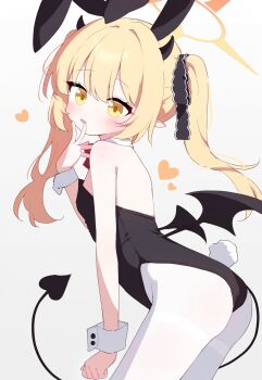 1girl alternate_costume animal_ear_hairband animal_ears ass auto_ins backless_leotard bare_shoulders black_horns black_leotard black_ribbon black_tail black_wings blonde_hair blue_archive blush bow bowtie breasts cowboy_shot demon_horns demon_tail demon_wings detached_collar fake_animal_ears fang hair_ribbon hairband halo heart highleg highleg_leotard highres horns ibuki_(blue_archive) leotard loli long_hair looking_at_viewer low_wings open_mouth pantyhose playboy_bunny pointy_ears rabbit_ear_hairband rabbit_ears rabbit_tail red_halo ribbon simple_background skin_fang small_breasts solo strapless strapless_leotard tail thighband_pantyhose twintails white_background white_pantyhose white_wrist_cuffs wings wrist_cuffs yellow_eyes yellow_halo