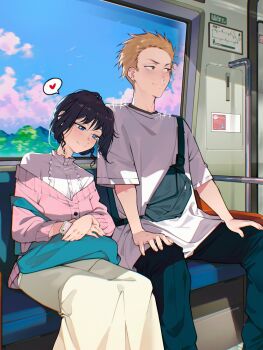 Rule 34 | 1boy, 1girl, black hair, blonde hair, cesar art456, closed mouth, couple, heart, hetero, highres, kaoru hana wa rin to saku, looking to the side, short hair, sitting, smile, spoken heart, tsumugi rintarou, waguri kaoruko, window
