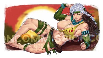 Rule 34 | 1girl, bag, braid, breasts, female pubic hair, green eyes, green headband, green loincloth, headband, large breasts, marvel, marvel rivals, multicolored hair, muscular, muscular female, nipples, no bra, no panties, official alternate costume, official alternate hairstyle, one breast out, one eye closed, pubic hair, rogue (savage south) (x-men), rogue (x-men), satchel, skullworms, smile, solo, two-tone hair, x-men