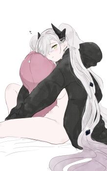 Rule 34 | 1girl, absurdres, black hands, black hoodie, body markings, breasts, colored extremities, commentary request, crossed bangs, demon girl, demon horns, ear piercing, fate/grand order, fate (series), green eyes, grey hair, hair around horn, highres, hood, hoodie, horns, hoshimira, large breasts, lilith (fate), long hair, looking at viewer, naked hoodie, piercing, pointy ears, solo, stomach tattoo, tattoo, twintails, very long hair