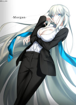 1girl absurdres black_bow blue_eyes blush bow braid breasts business_suit cleavage commentary_request cowboy_shot fate/grand_order fate_(series) foo_(pixiv54892036) formal_clothes grey_hair half_up_braid highres long_hair looking_at_viewer mature_female morgan_le_fay_(fate) office_lady parody solo style_parody suit takeuchi_takashi_(style) very_long_hair