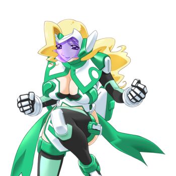 1girl armor blonde_hair breasts cleavage clenched_hands face_shield game_cg gan-chan_(artist) hitozuma_sentai_aisaiger large_breasts large_variant_set lipstick long_hair magical_girl makeup mecha_musume non-web_source official_art purple_eyes saiger_lily smile solo sophie_andrea_yukitou thighhighs transparent_background variant_set