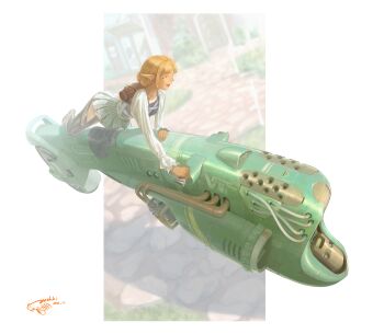 1girl black_pants blonde_hair blunt_bangs dated gaimoon highres machine medium_hair open_mouth original outside_border pants pleated_skirt pointy_ears profile shoes sidelocks signature skirt smile solo white_skirt wide_shot