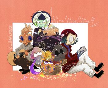 1boy 6+girls alternate_form arms_up black_pants blue_sweater book brown_hat collared_shirt colored_skin confetti glasses green_skin grey_shirt guitar hat highres holding holding_guitar holding_instrument inkling_(swim_form) instrument jessika_(splatoon) kitamura_(splatoon) long_sleeves martin_(splatoon) multiple_girls nintendo octoling_(swim_form) oonie_(splatoon) open_book pants reading red_shirt round_eyewear shirt signature splatoon_(series) splatoon_3 squid sweater tao_blu tosh_(splatoon) twitter_username white_pants wildcard1_4 yoko_(splatoon)