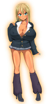 10s 1girl aqua_eyes blonde_hair blush boots breasts cleavage earrings female_focus full_body ganguro gyaru heart heart-shaped_pupils high_heel_boots high_heels highres huge_breasts idolmaster idolmaster_cinderella_girls jewelry large_breasts looking_at_viewer microskirt multicolored_hair nail_polish nipples no_panties pink_hair pussy rews sharp_nails shibuya_rin shoes simple_background skirt smile solo standing symbol-shaped_pupils teeth two-tone_hair uncensored white_background